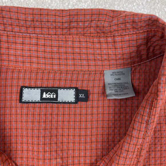 REI Shirt Mens XL Orange Check Button Up Short Sleeve Hiking Outdoor Rayon Blend - Picture 6 of 11